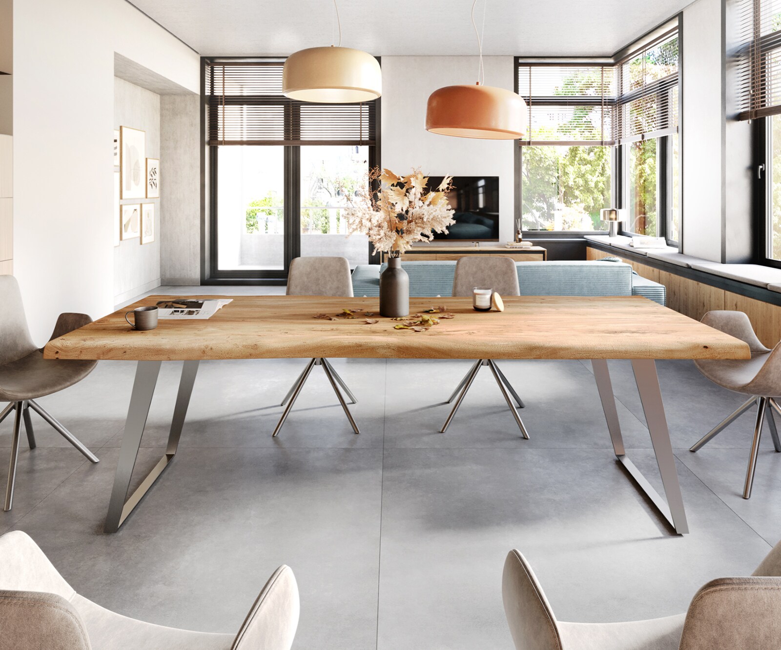 Table à manger Edge 280x100 XL acacia nature acier inoxydable inclinée Live-Edge 1