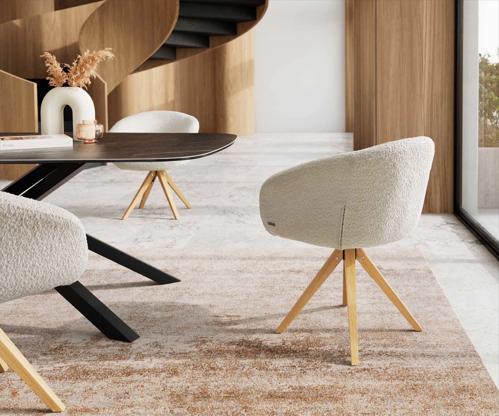 Chaise-pivotante Vinka-Flex avec accoudoirs bouclé blanc pied en bois angulaire naturel pivotement sur 180° ressorts ensachés 4