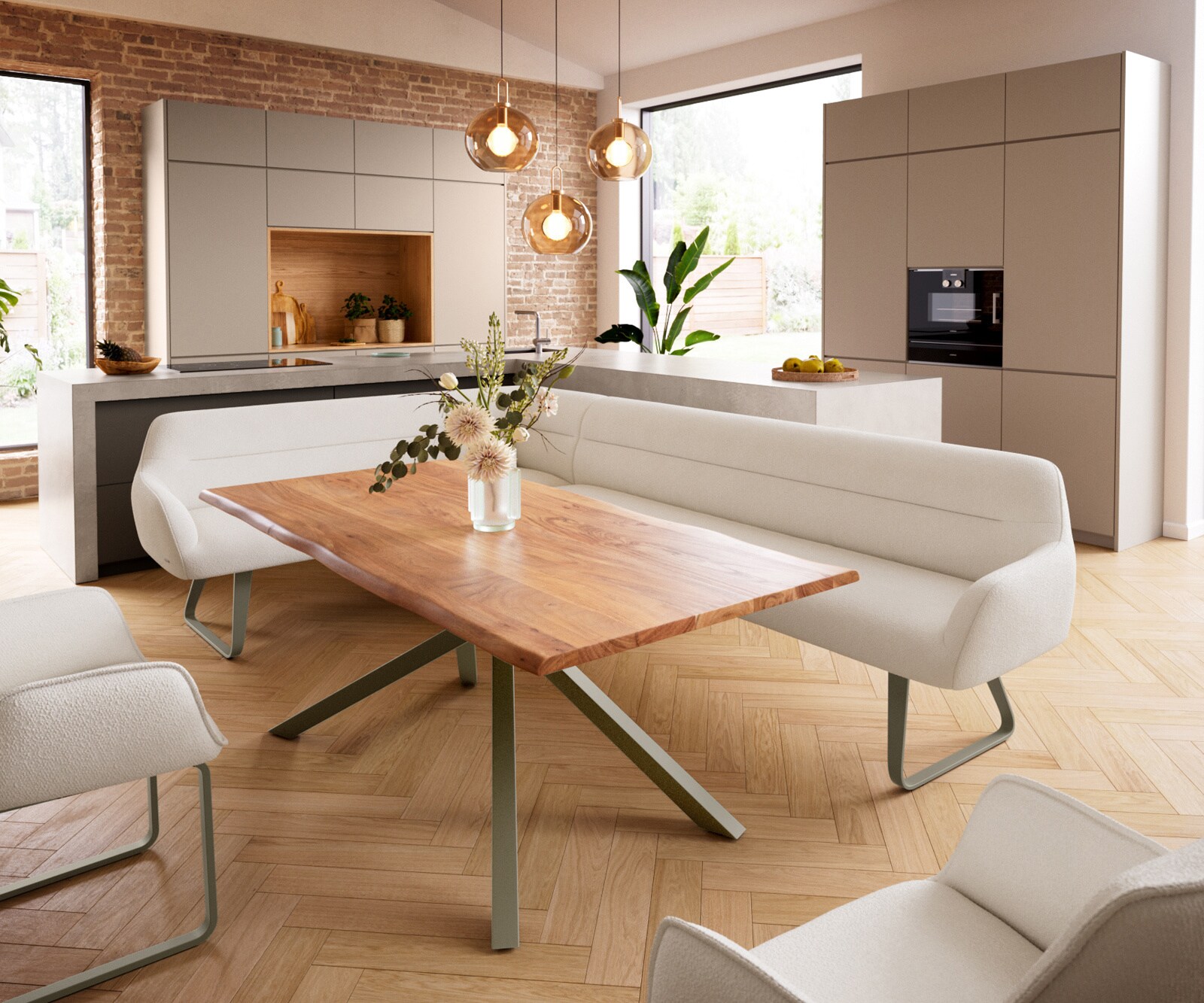 Esszimmerbank Taya-Flex 285x190 cm Bouclé Creme-Weiß Kufengestell flach Effektfinish Titan Taschenfederkern Rechts