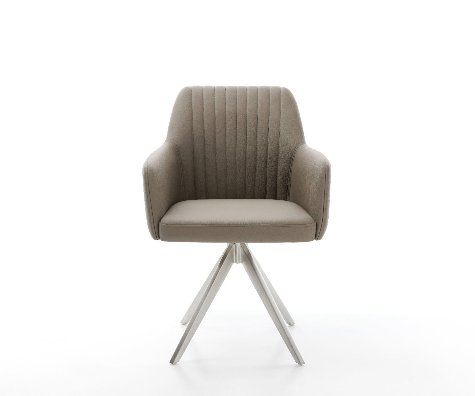 Chaise-de-salle-à-manger Greg-Flex cuir de vache couleur boue pied croisé angulaire acier inoxydable brossé ressorts ensachés 1