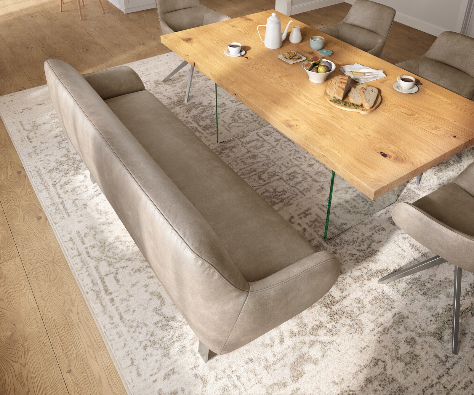 Banc-de-salle-à-manger Taya-Flex 200 cm microfibre beige vintage piètement à patins angulaire acier inoxydable ressort ensaché 3