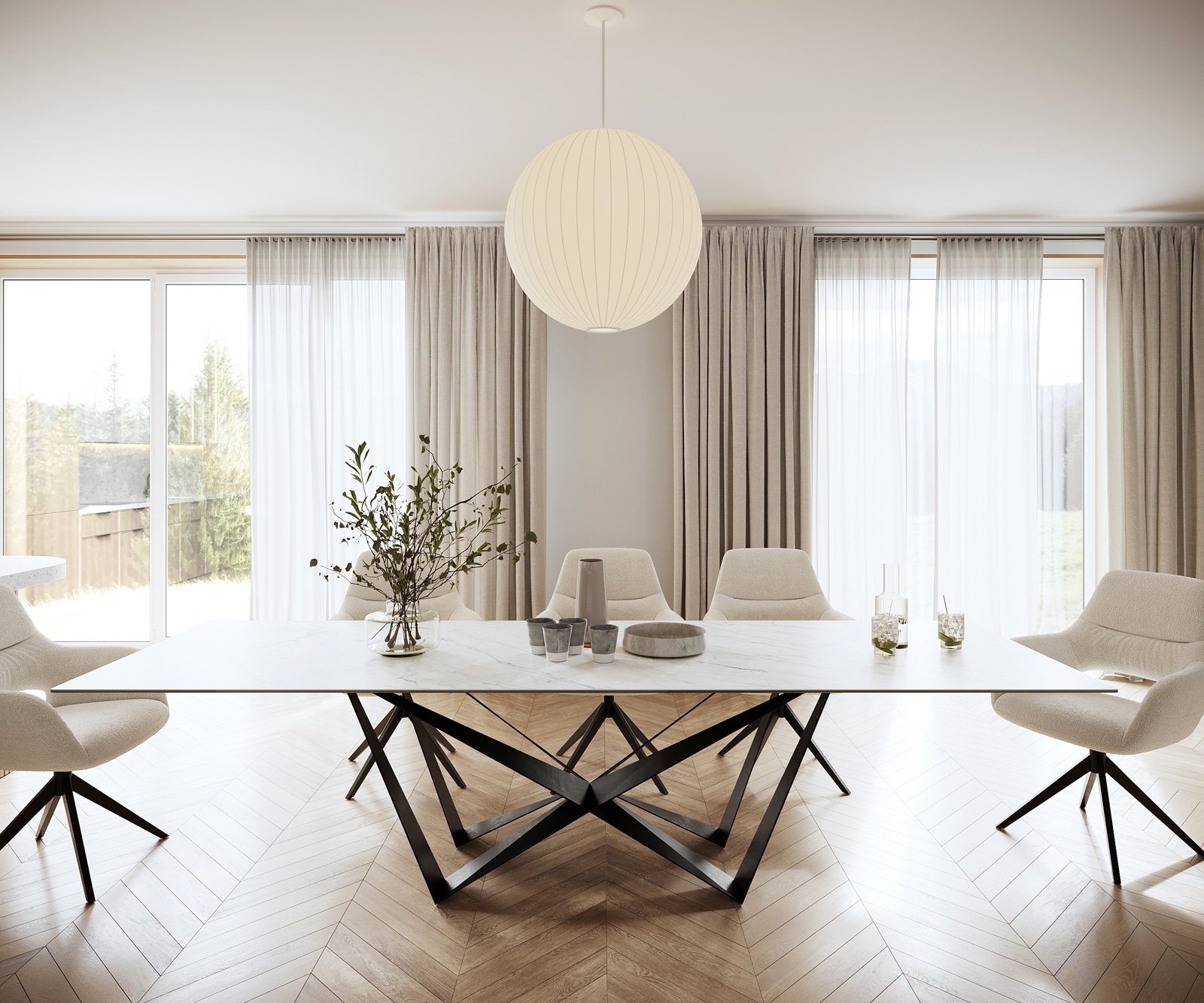 Table-à-manger Edge 300x100cm Laminam® céramique blanc pieds milieu acier plat noir Table-à-manger Edge 300x100cm Laminam® céramique blanc pieds milieu acier plat noir