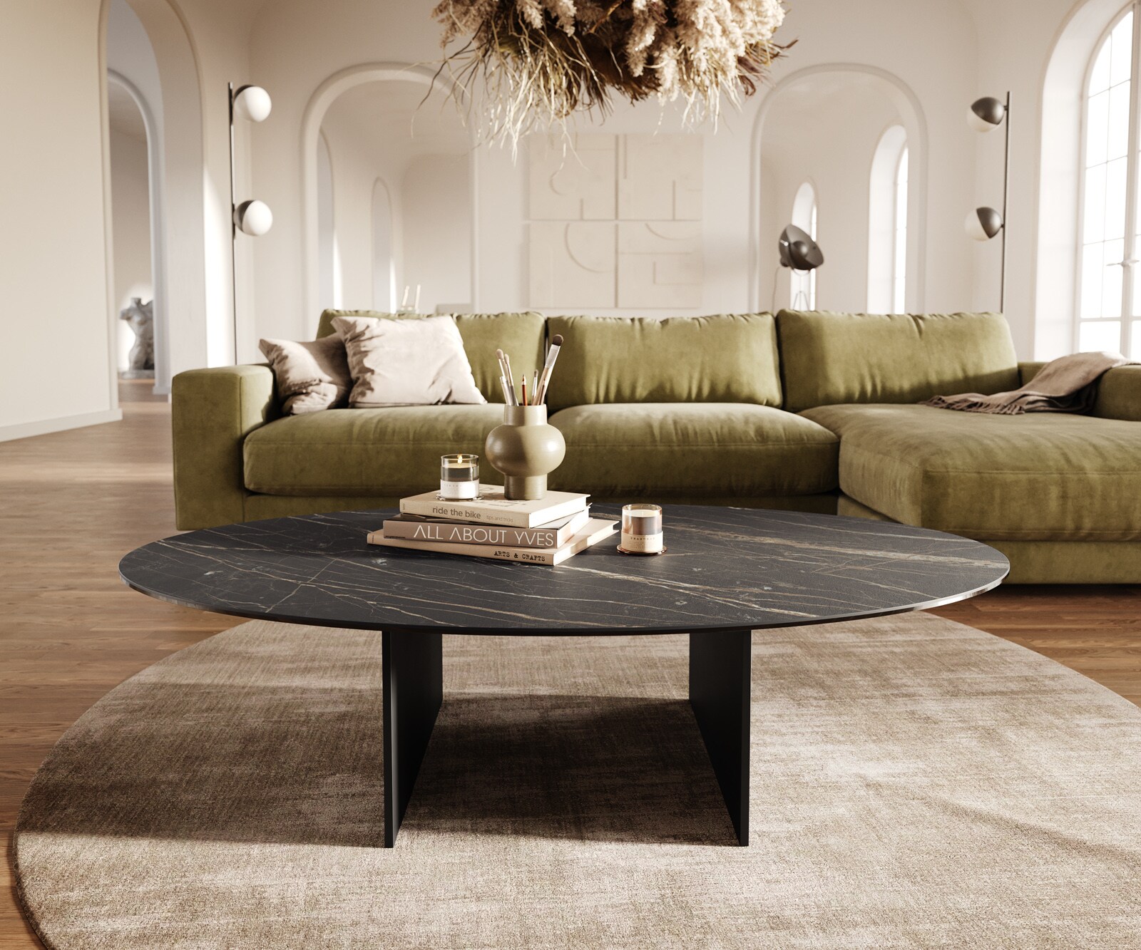 Couchtisch Edge Oval 140x80 cm Keramik Laminam® Noir Desir Braun Salto Metall Schwarz 1
