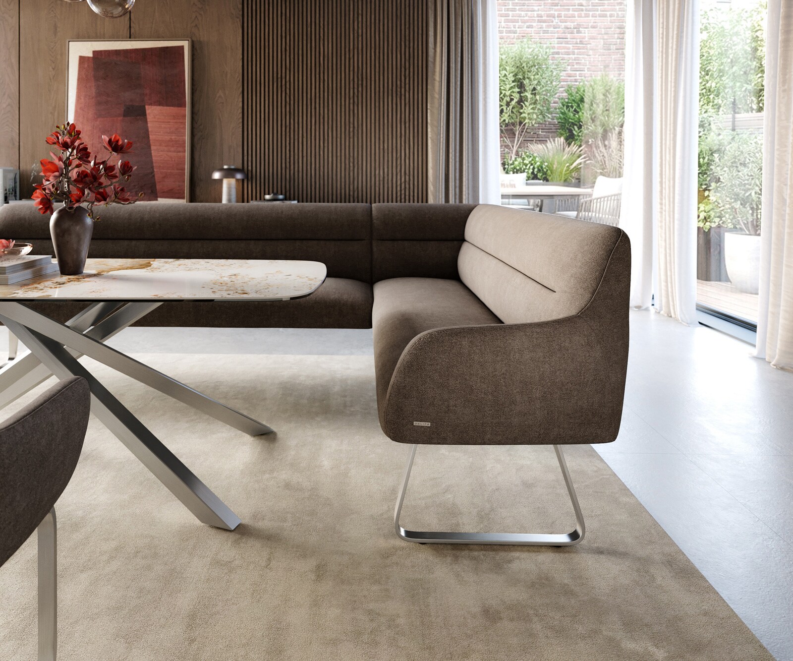 Esszimmerbank Taya-Flex 285x190 cm Strukturstoff Soft Taupe Kufengestell flach Edelstahl Taschenfederkern Links 4