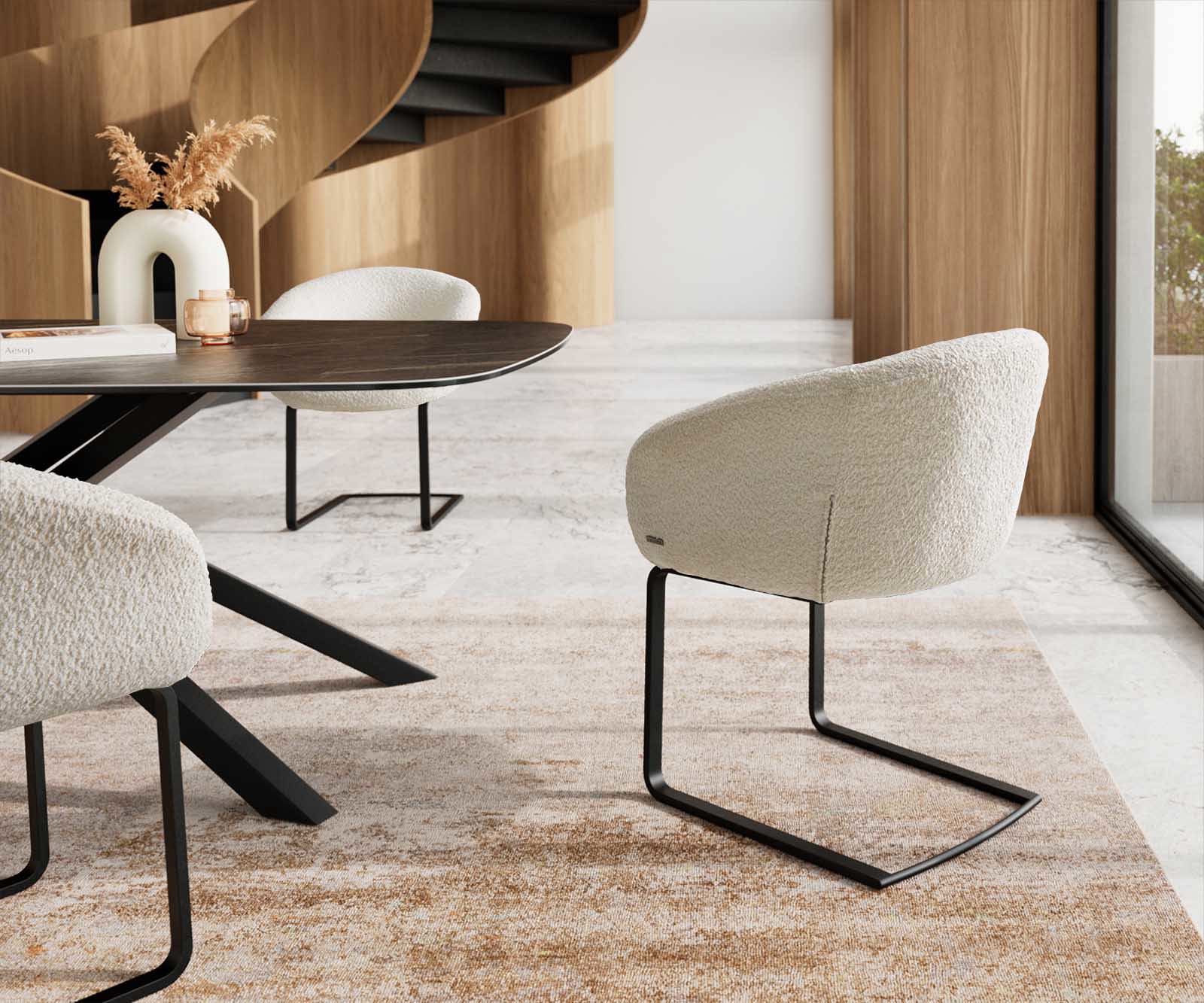 Cantilever Vinka-Flex avec accoudoirs bouclé blanc pied cantilever plat noir ressorts ensachés 4