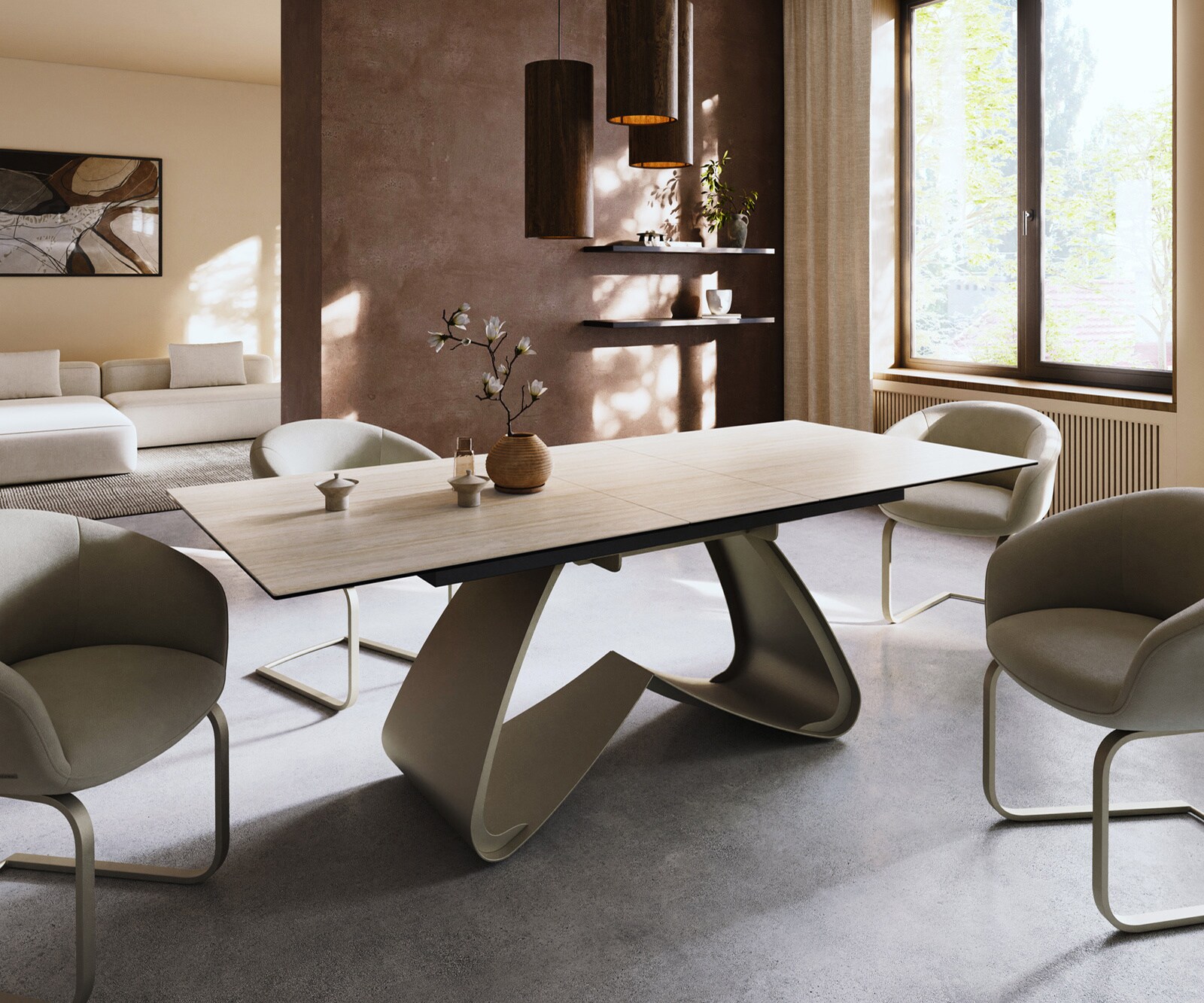 Esstisch Edge 180-220x100 Keramik Laminam® Travertino Bianco Creme-Weiß W-Gestell Effektfinish Titan ausziehbar