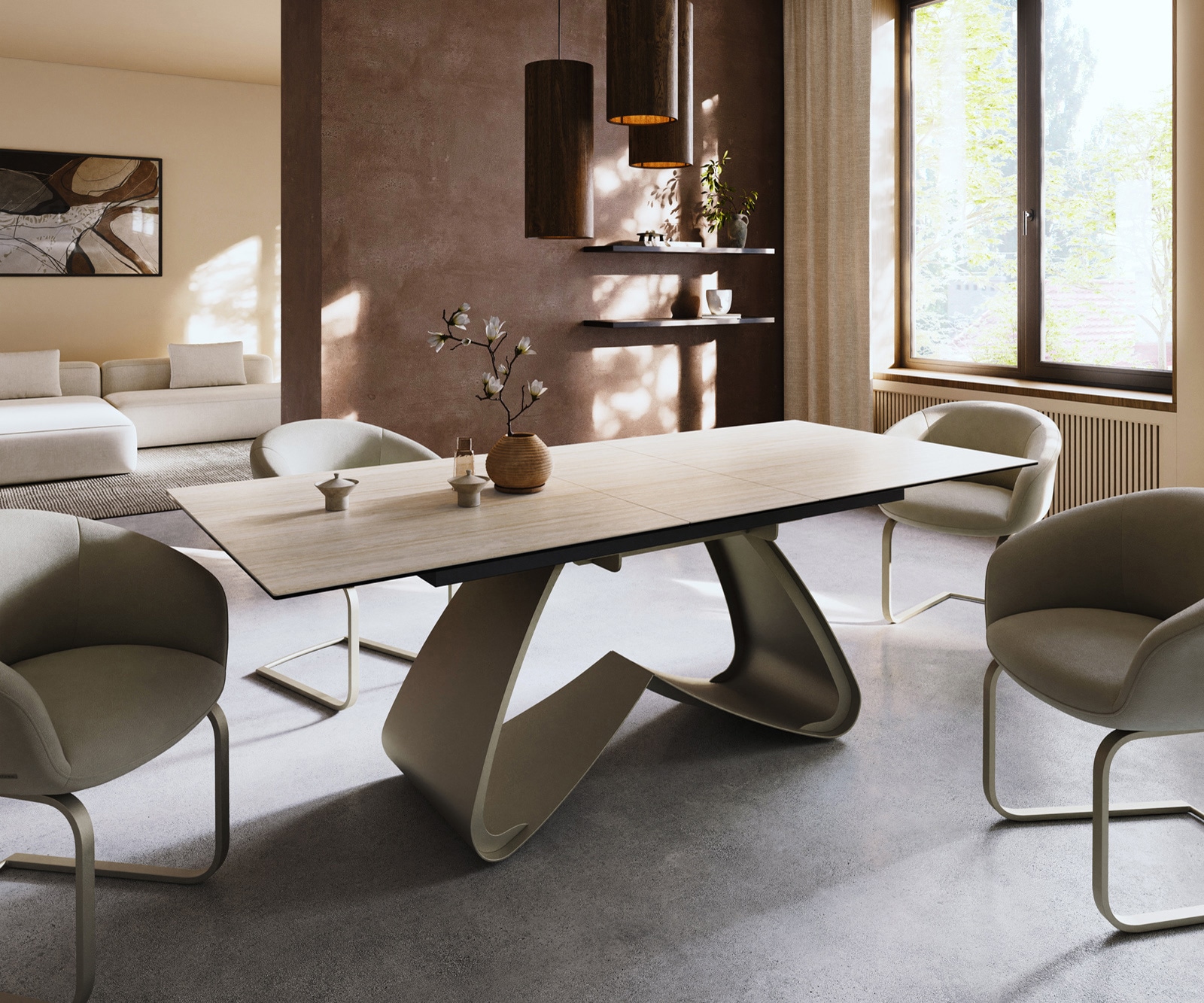 Esstisch Edge 180-220x100 Keramik Laminam® Travertino Bianco Creme-Weiß W-Gestell Effektfinish Titan ausziehbar Esstisch Edge 180-220x100 Keramik Laminam® Travertino Bianco Creme-Weiß W-Gestell Effektfinish Titan ausziehbar