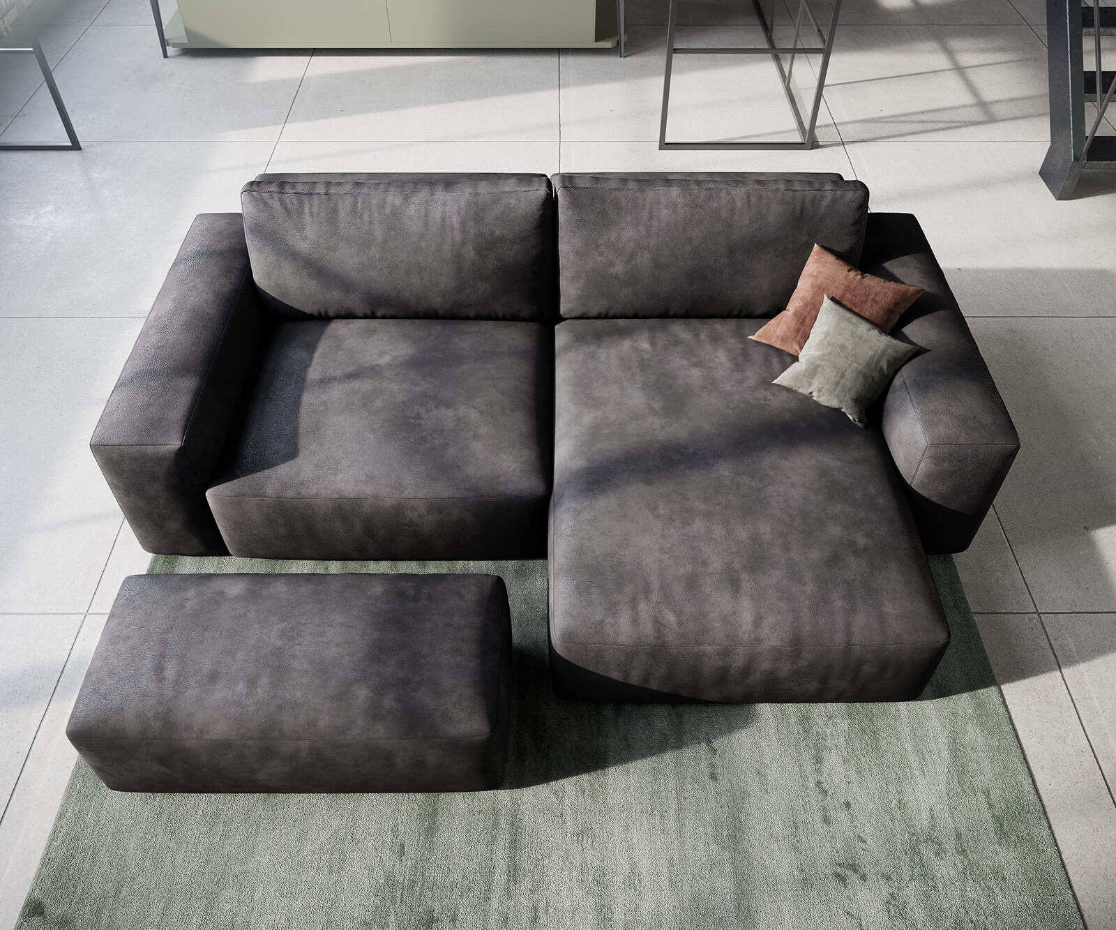 Ecksofa Lanzo 230x155 cm Lederimitat Vintage Anthrazit Recamiere variabel mit Hocker 3