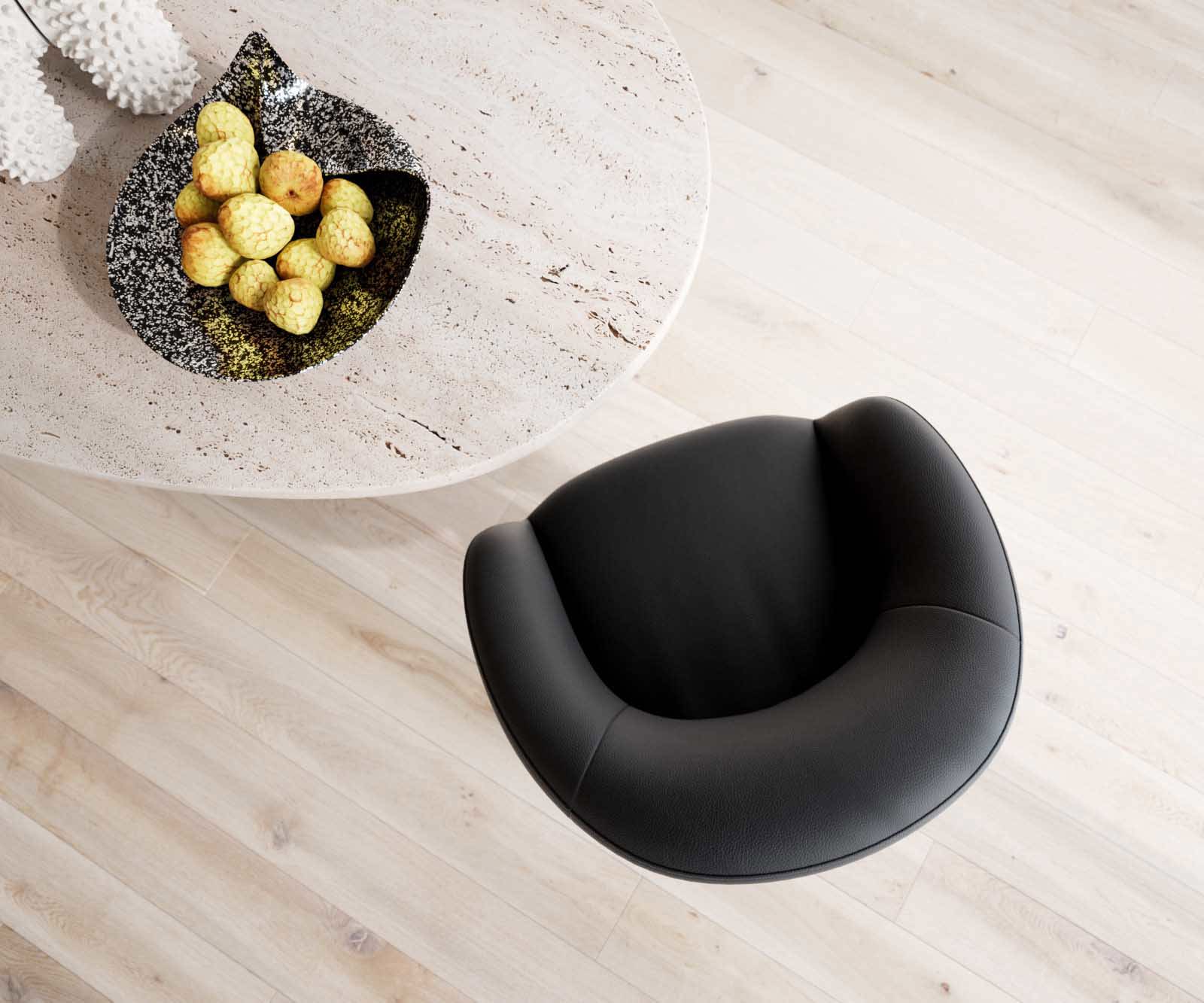 Chaise-pivotante Vinka-Flex avec accoudoirs cuir de vache noir pied croisé large acier inoxydable brossé pivotement sur 360° ressorts ensachés 3