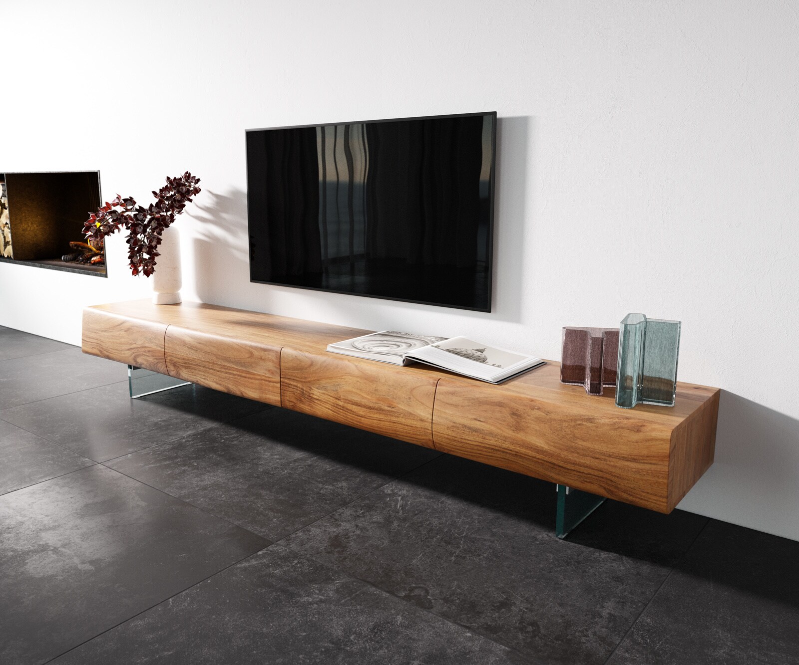 Meuble -TV New Live-Edge 240 cm acacia naturel 4 tiroirs pied en verre