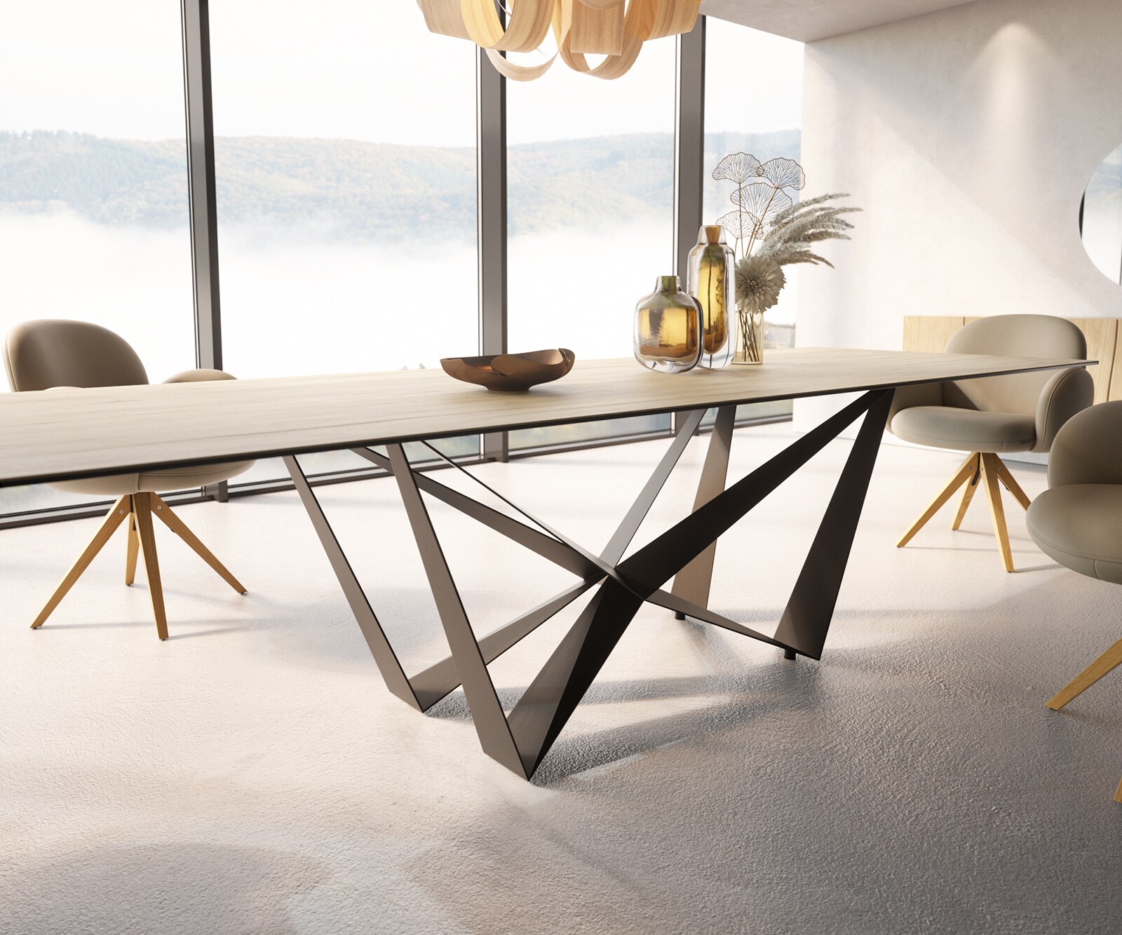 Esstisch Edge 300x100 Keramik Laminam® Sabbia Eichefarbig Spider Flachstahl Schwarz 6