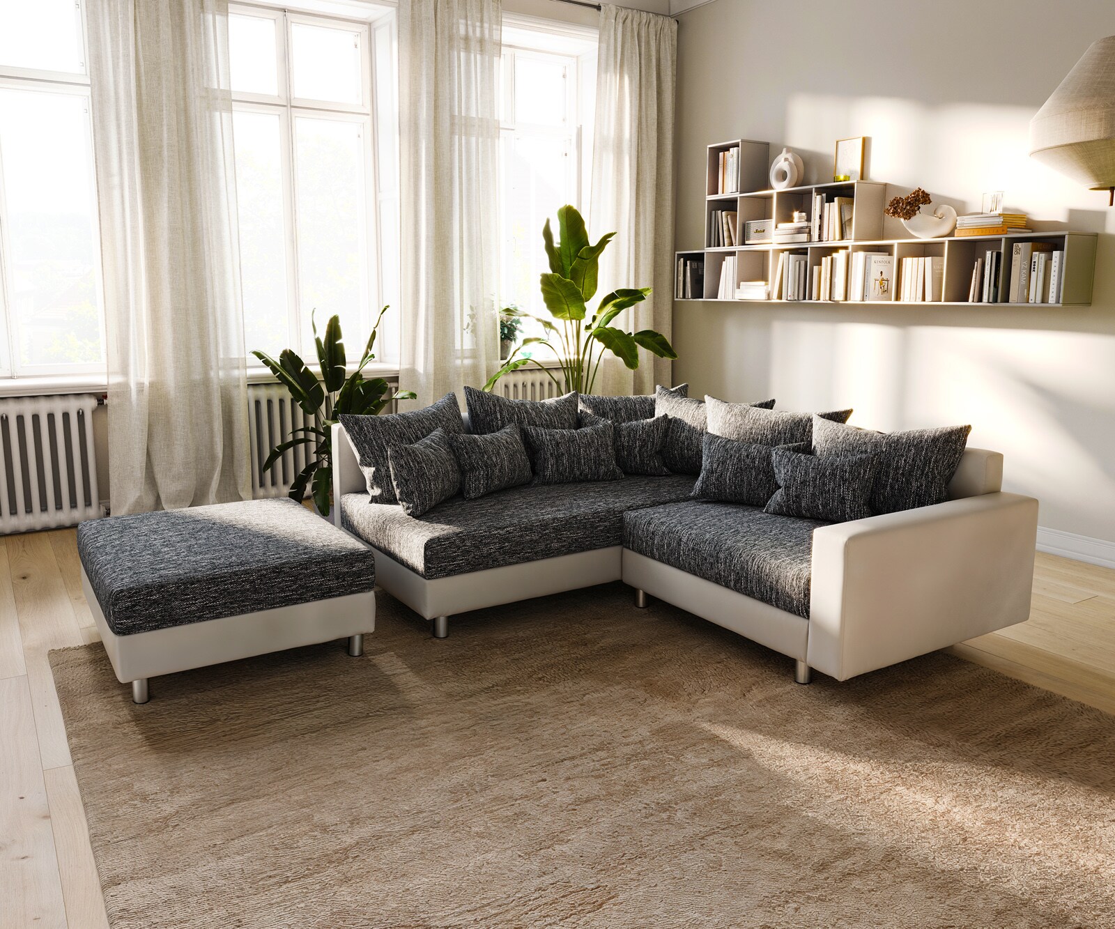 Canapé-d'angle Clovis blanc noir modulaire accoudoir Tabouret Pouf Gauche  1