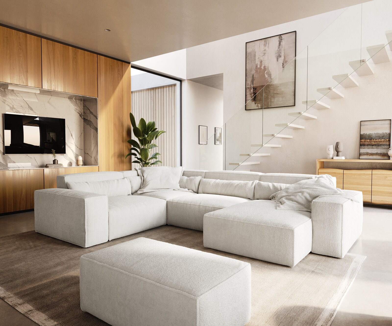 Wohnlandschaft Sirpio 300x200 cm Bouclé Creme-Weiß Recamiere variabel mit Hocker 5