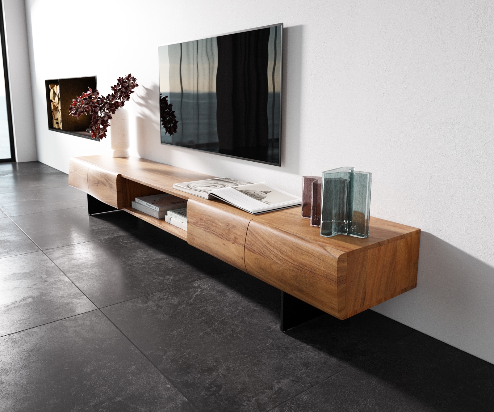 Meuble-TV New Live-Edge 240 cm acacia naturel 4 portes 1 compartiment pied flottant métal noir 1 Meuble-TV New Live-Edge 240 cm acacia naturel 4 portes 1 compartiment pied flottant métal noir 1