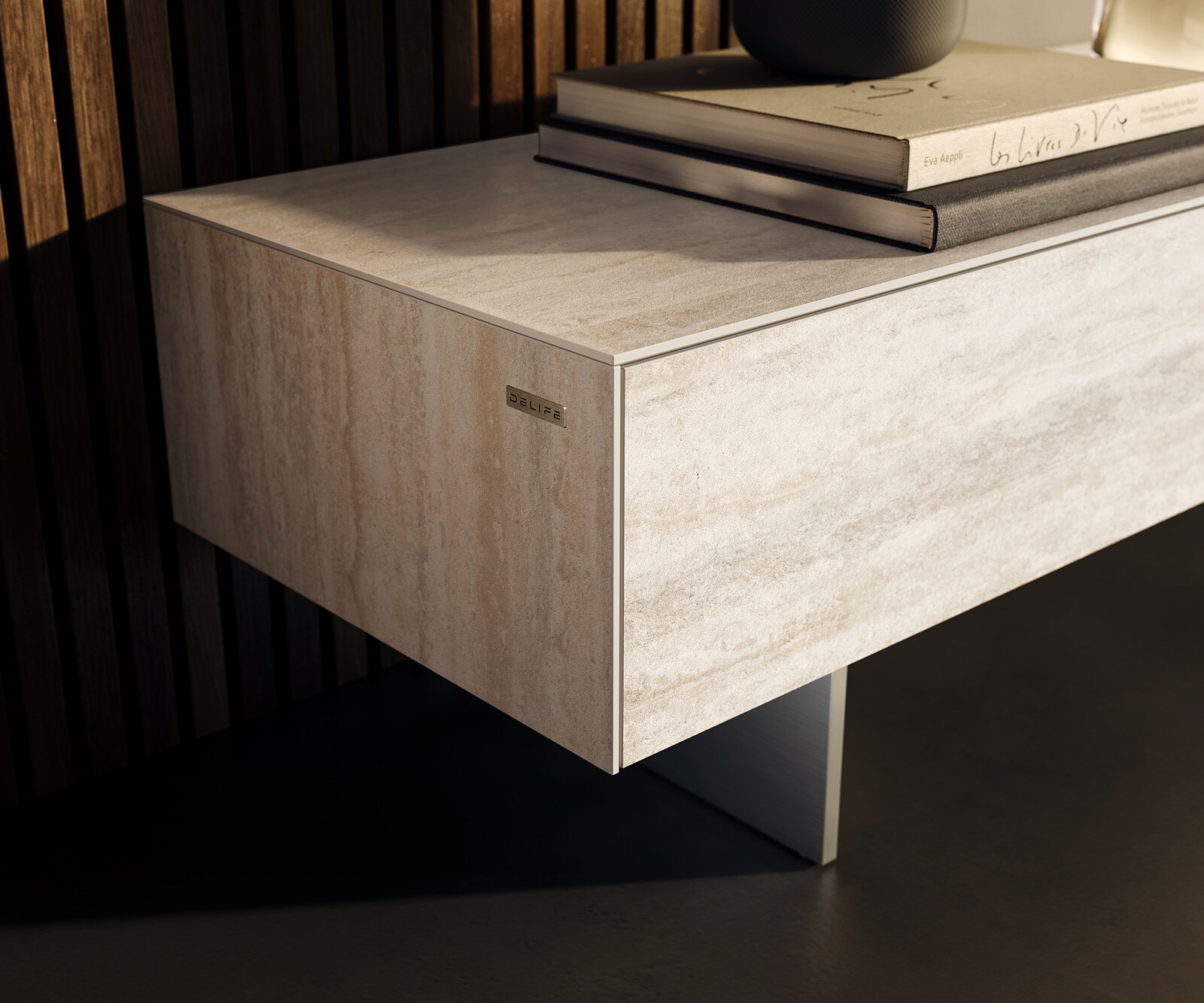 Lowboard Cuor 250 cm Keramik Laminam® Travertino Bianco Creme-Weiß 1 Klappe 1 Schubfach Fuß Schwebeoptik Edelstahl 6