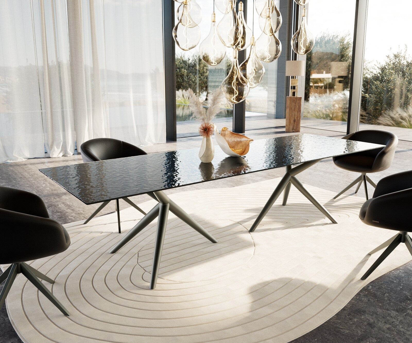 Table à manger Edge 300x100 verre en relief noir 3D-Design Estelar rond Métal finition à effet Titane 1
