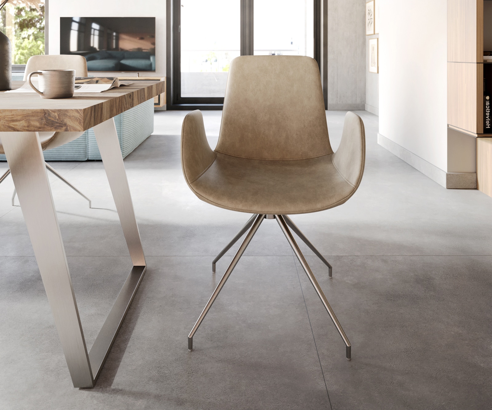 Esszimmerstuhl Ilia-Flex mit Armlehnen Mikrofaser Beige Vintage Kreuzgestell konisch Edelstahl 1 Esszimmerstuhl Ilia-Flex mit Armlehnen Mikrofaser Beige Vintage Kreuzgestell konisch Edelstahl 1