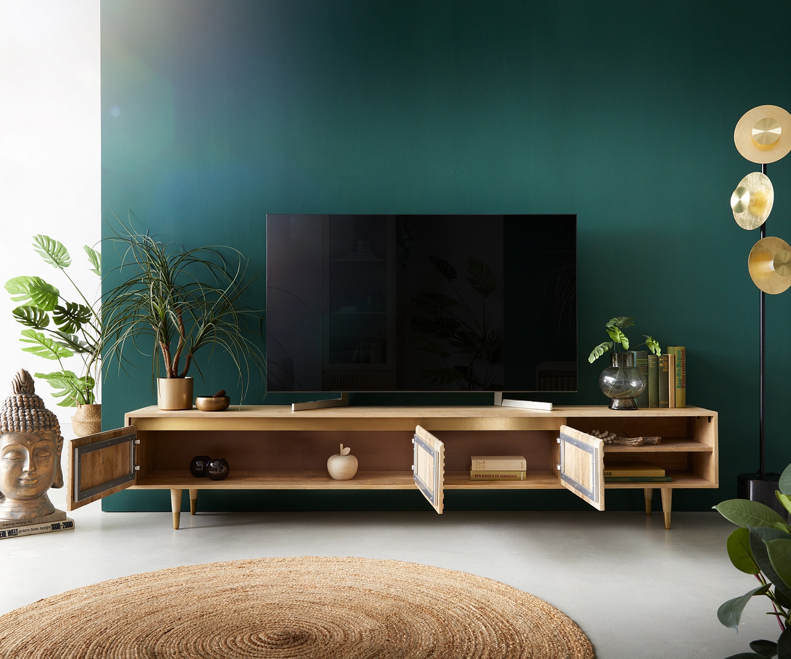 Lowboard Budaya 220 cm Mango Natur 3 Türen Fuß rund 4