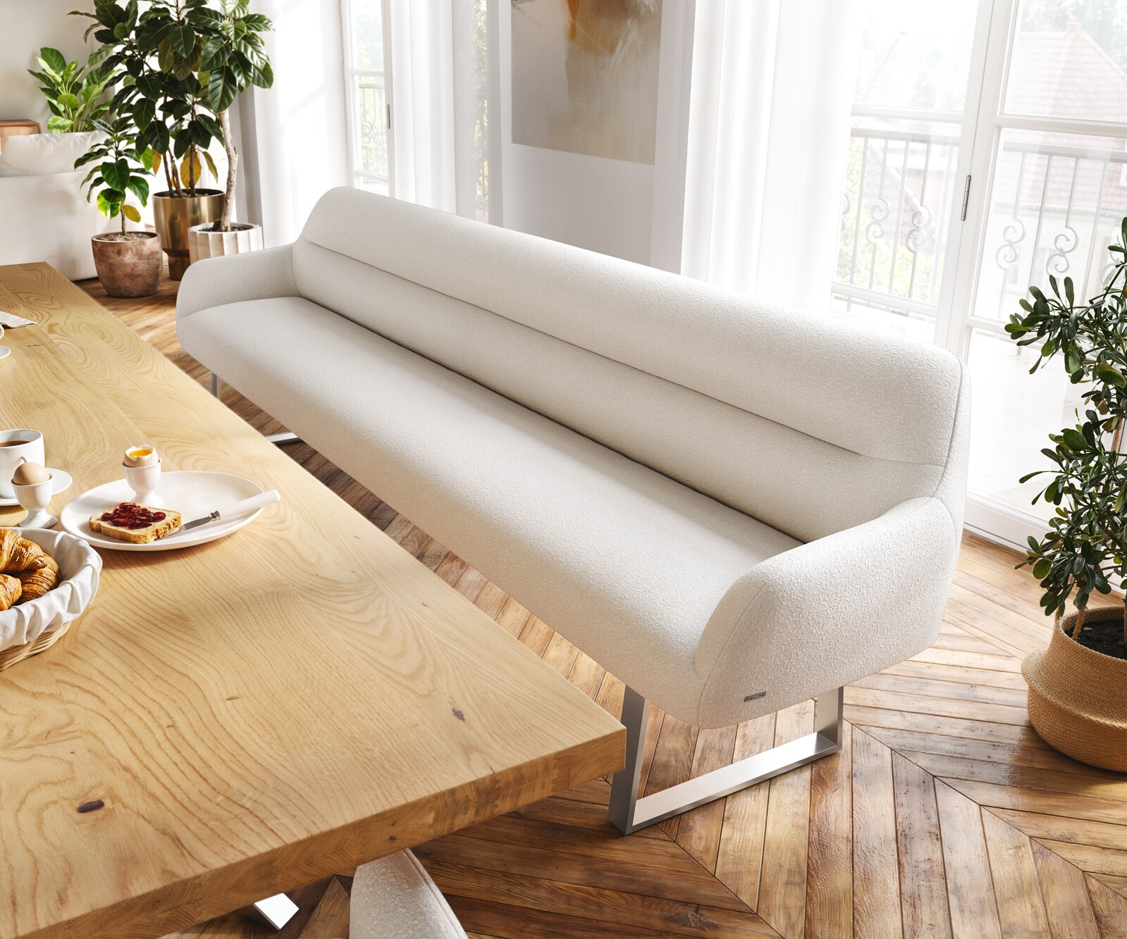 Esszimmerbank Taya-Flex 300 cm Bouclé Creme-Weiß Kufengestell kantig Edelstahl Taschenfederkern