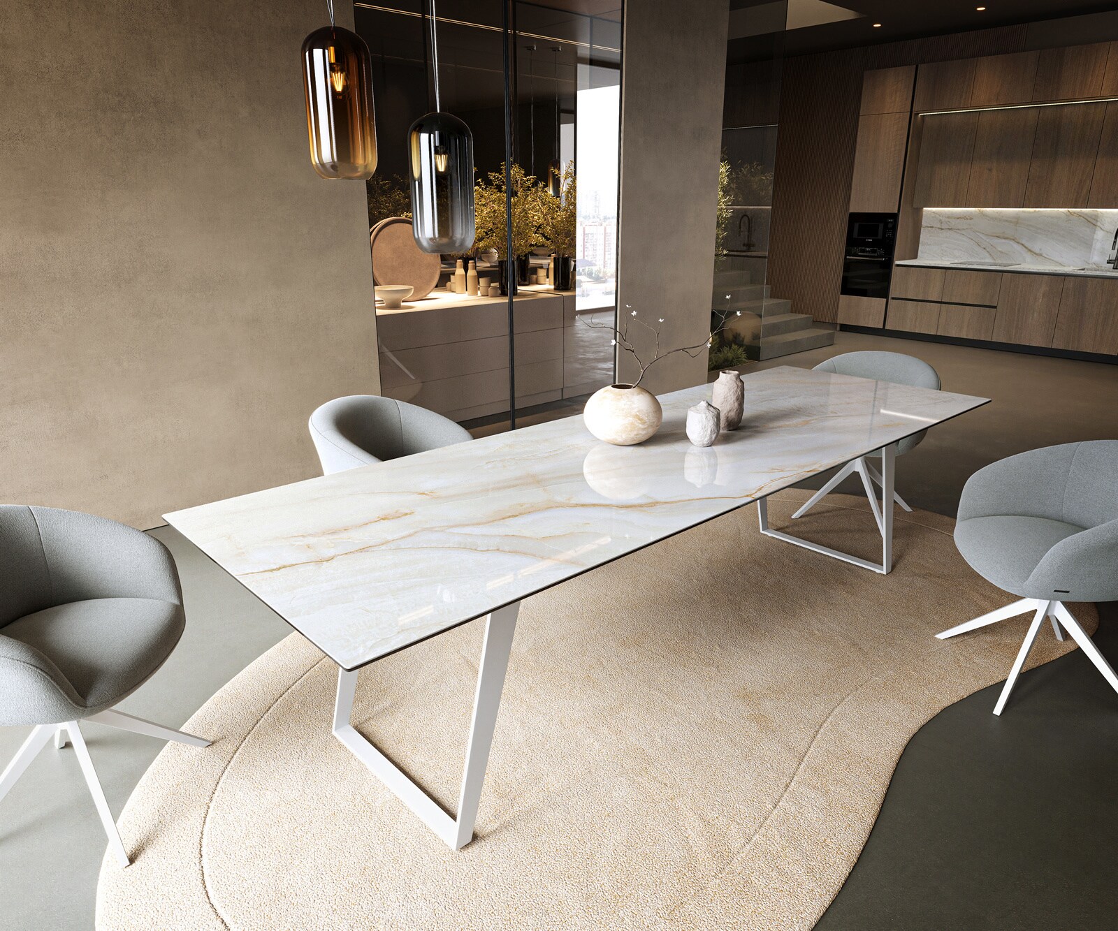 Table à manger Edge 300x100 cm céramique Onyx Pearl piètement incliné métal blanc