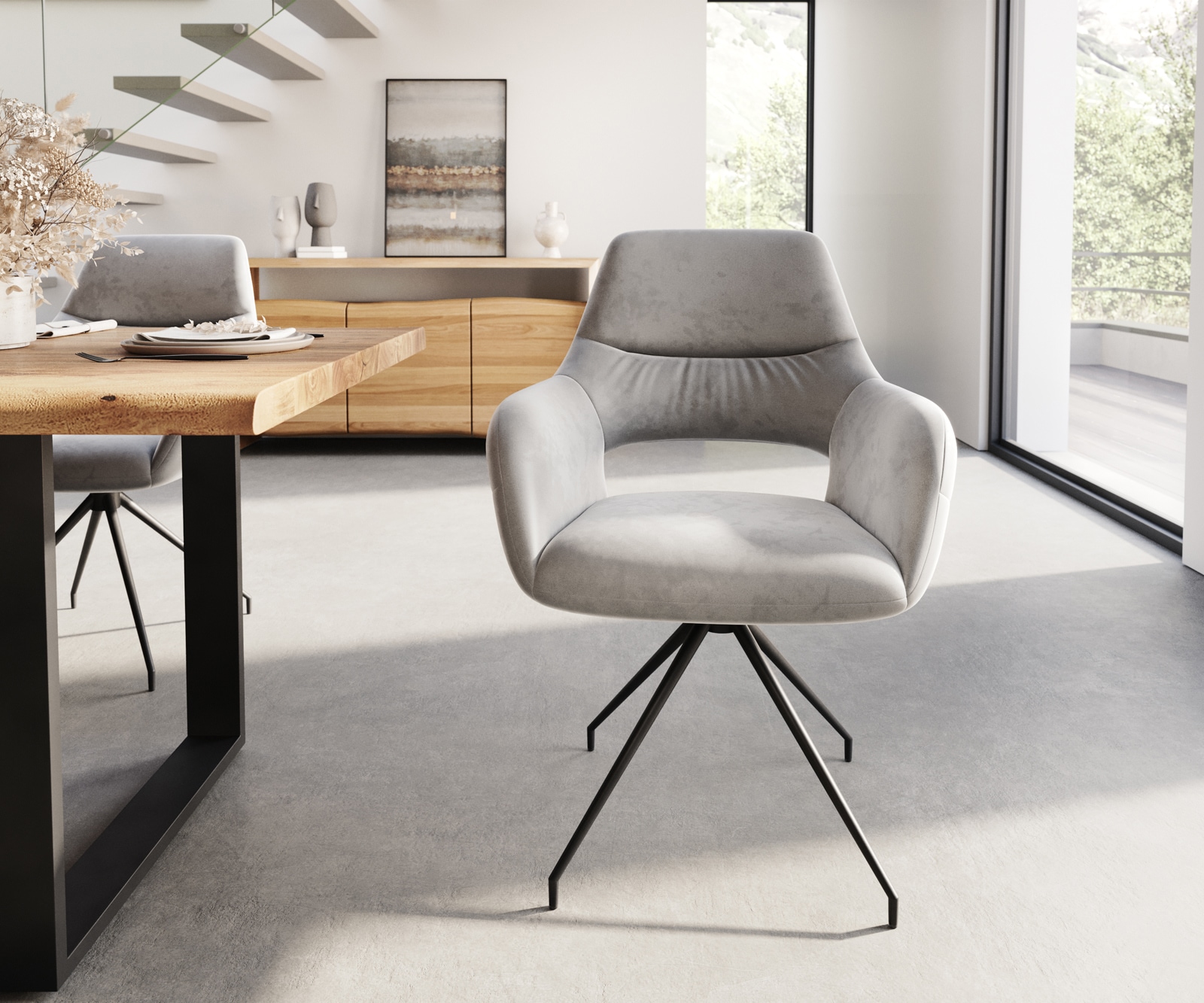 Esszimmerstuhl Yago-Flex mit Armlehnen Samt Grau Kreuzgestell konisch Schwarz Taschenfederkern 1 Esszimmerstuhl Yago-Flex mit Armlehnen Samt Grau Kreuzgestell konisch Schwarz Taschenfederkern 1