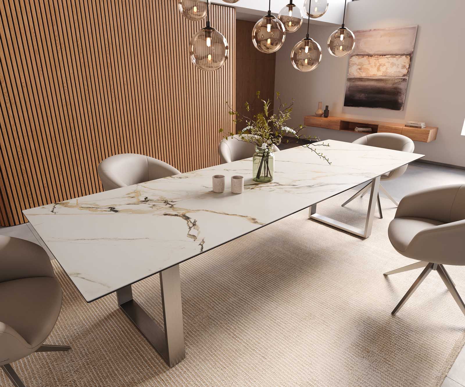 Table à manger Edge 300x100 céramique Calacatta Luxe blanc-doré-gris acier inoxydable mince 1