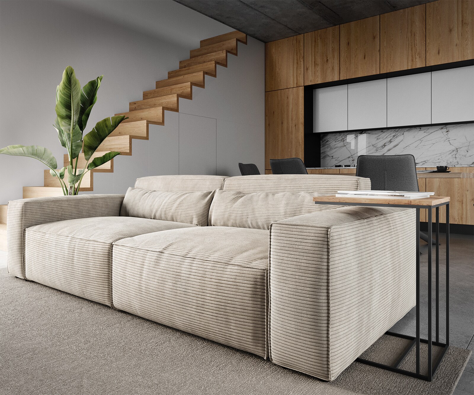 Grand Canapé Sirpio 230x95 cm Velours côtelé Beige avec Tabouret 4