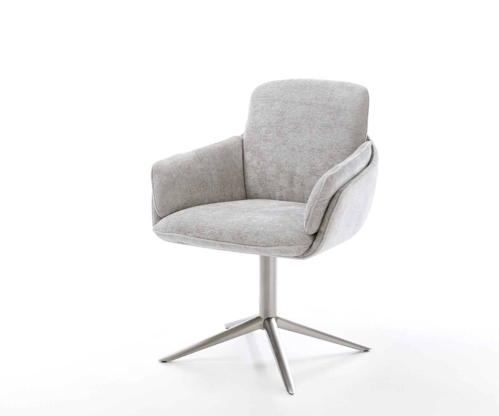Chaise-pivotante Luan-Flex avec accoudoirs chenille gris argenté pied de chaise 4 branches acier inoxydable brossé pivotement sur 360° fonction bascule