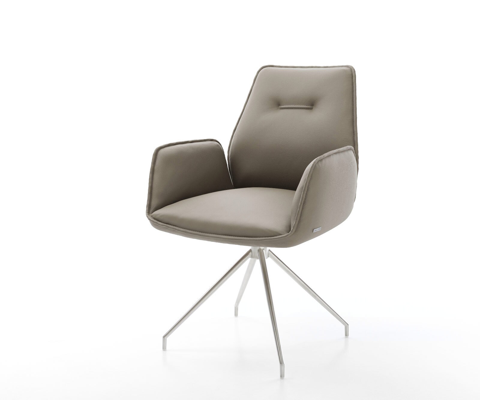 Chaise-de-salle-à-manger Zoa-Flex cuir de vache couleur boue pied croisé conique acier inoxydable brossé ressorts ensachés