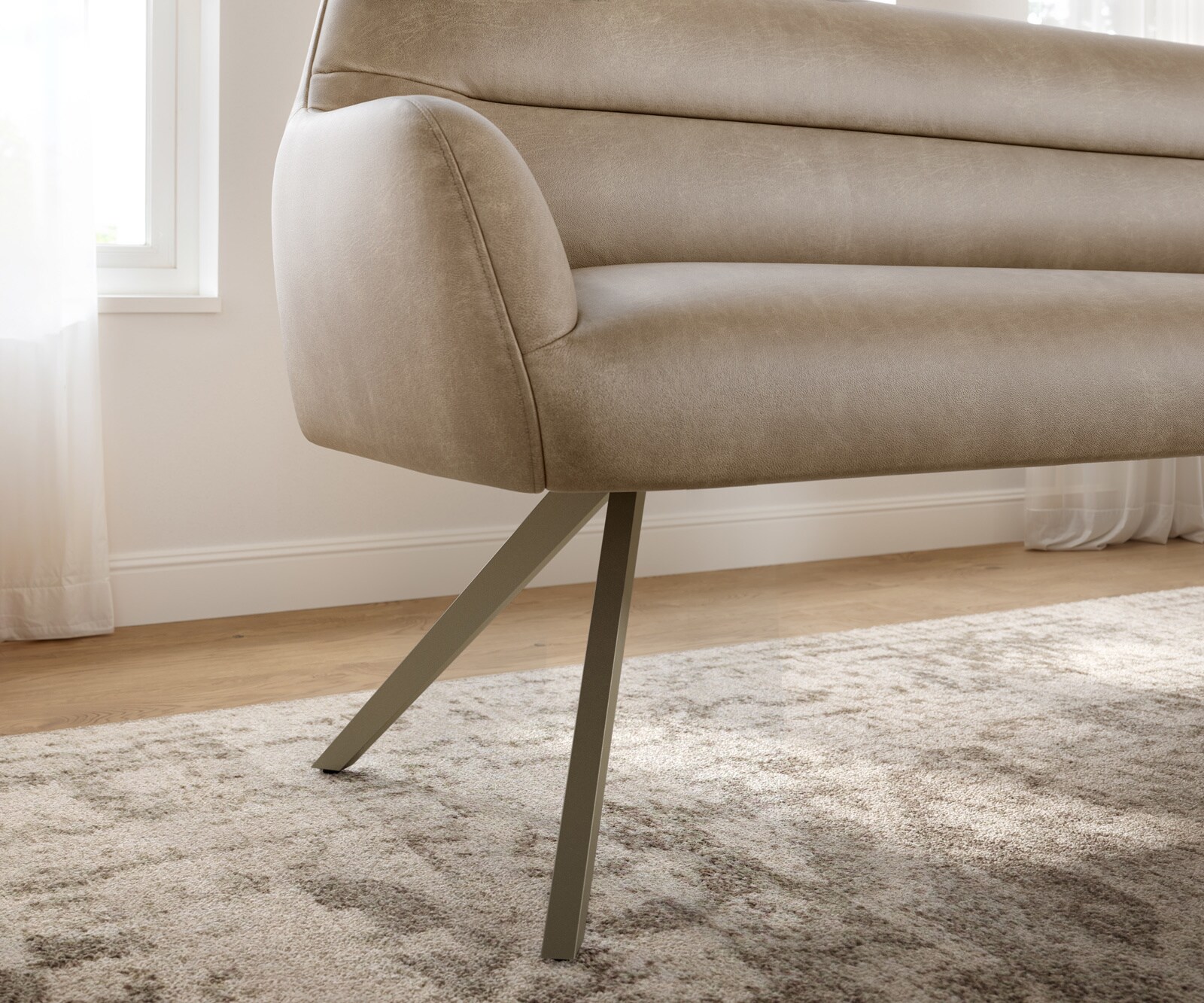 Banc-de-salle-à-manger Taya-Flex 200 cm microfibre beige vintage pied croisé angulaire titane ressort ensaché 4