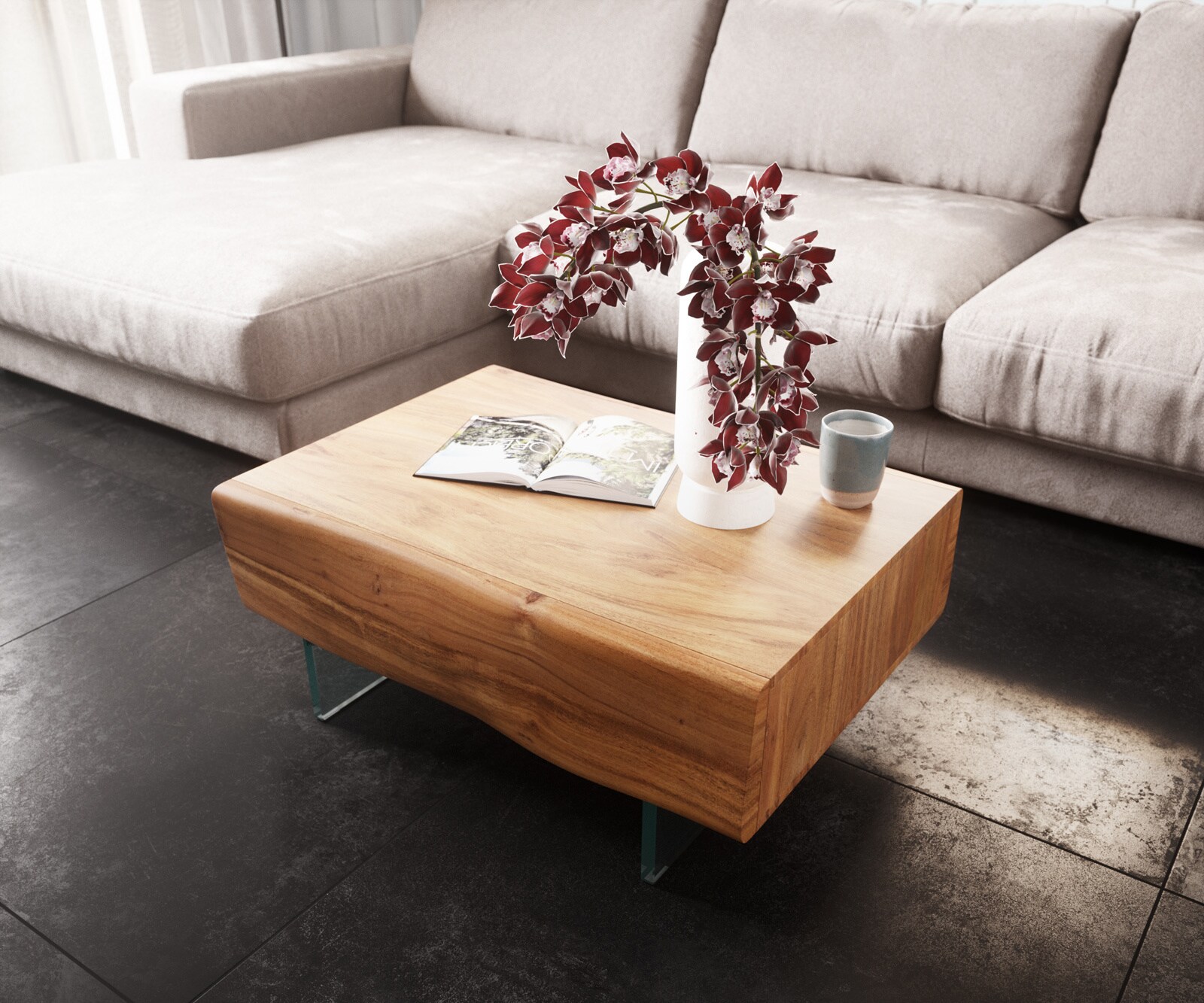 Couchtisch New Live-Edge 80x60 cm Akazie Natur 2 Schubladen Glasfuß schwebend 1