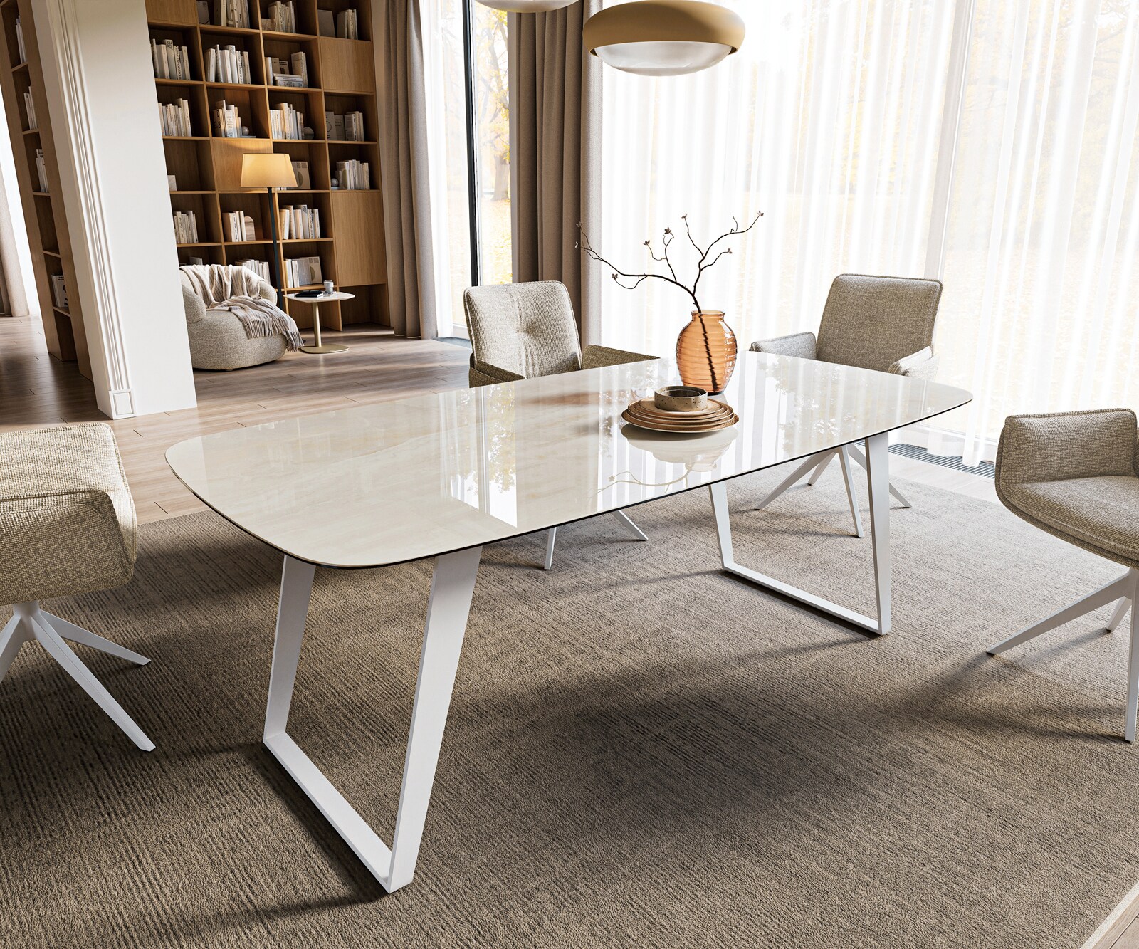 Esstisch Edge Boot 200x100 cm Keramik Onyx Champagne Metall Schräg Weiß 1