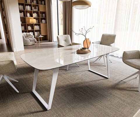 Table à manger Edge bateau 200x100 cm céramique Onyx Champagne piètement incliné métal blanc