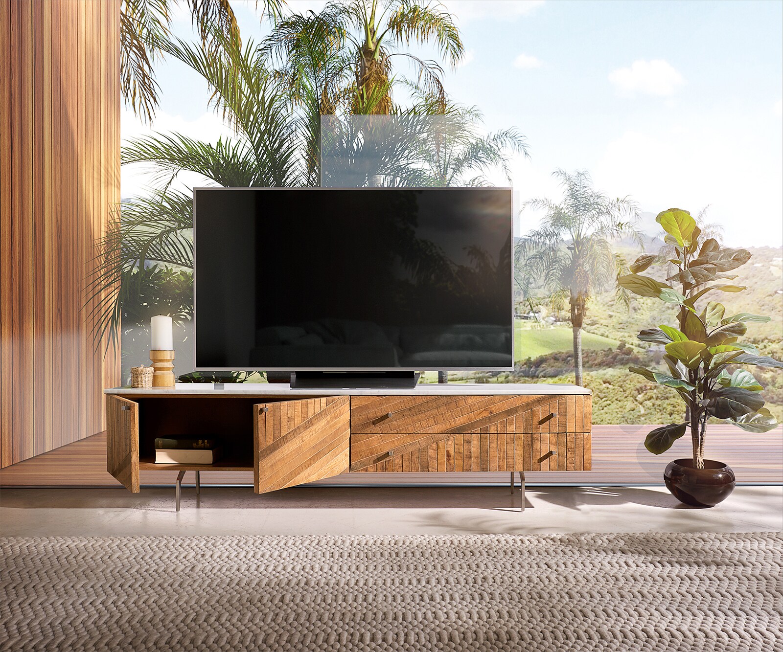 Meuble-TV Bahan 175 cm Mangue Teak 2 portes 2 tiroirs Plateau marbre blanc Pied d'angle en acier inoxydable 3