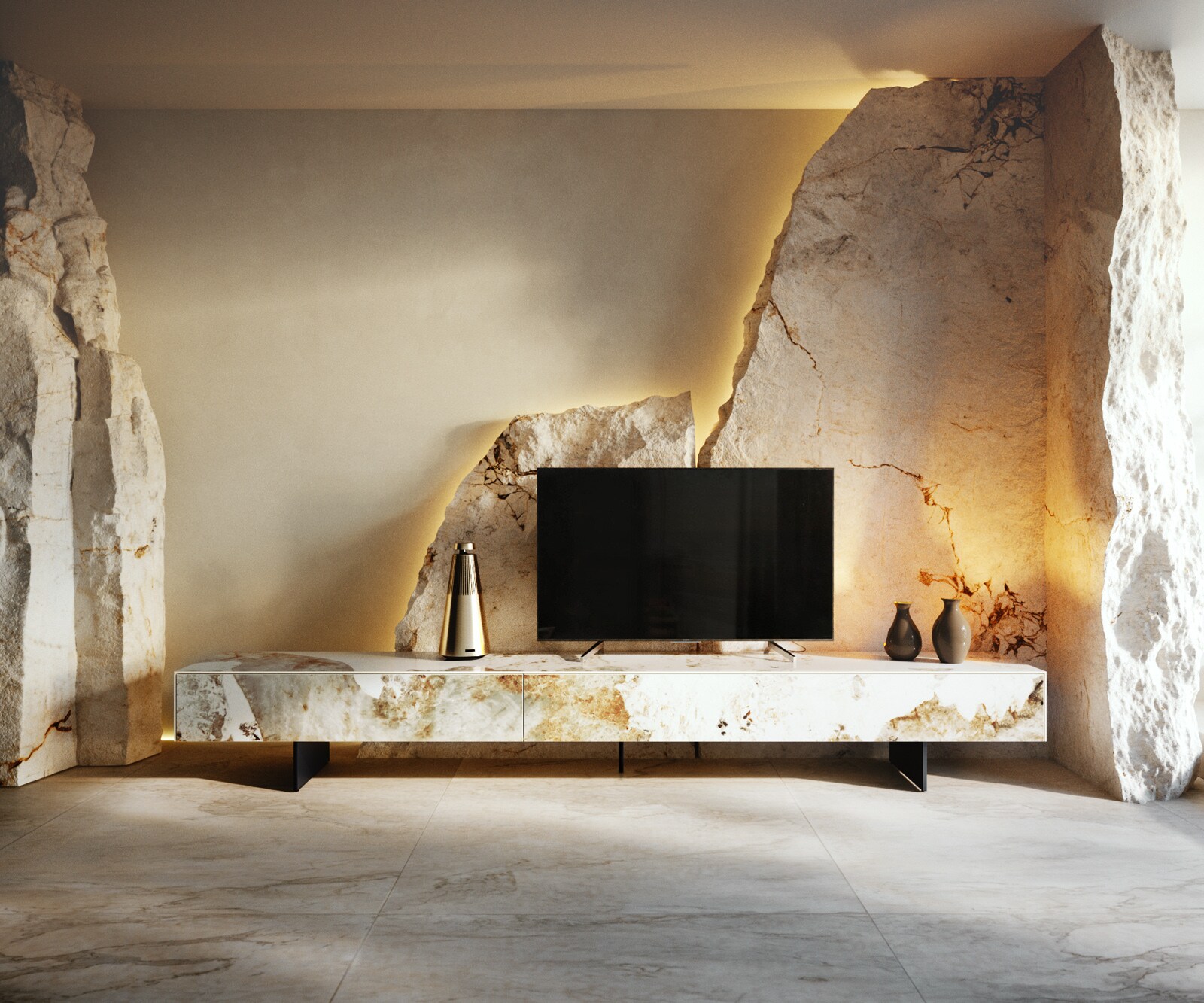 Meuble-TV Cuor 250 cm Céramique Minas Melange Blanc-beige 1 Clapet 1 Tiroir Pied optique flottant Métal Noir 1