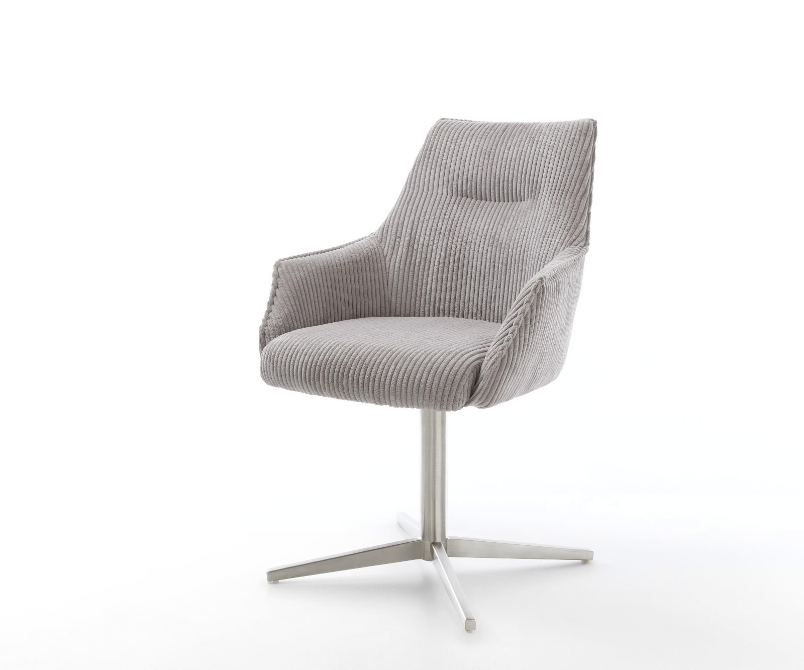Chaise-pivotante Alja-Flex avec accoudoirs côtelé gris argenté pied de chaise 4 branches acier inoxydable brossé pivotement sur 360° ressorts ensachés