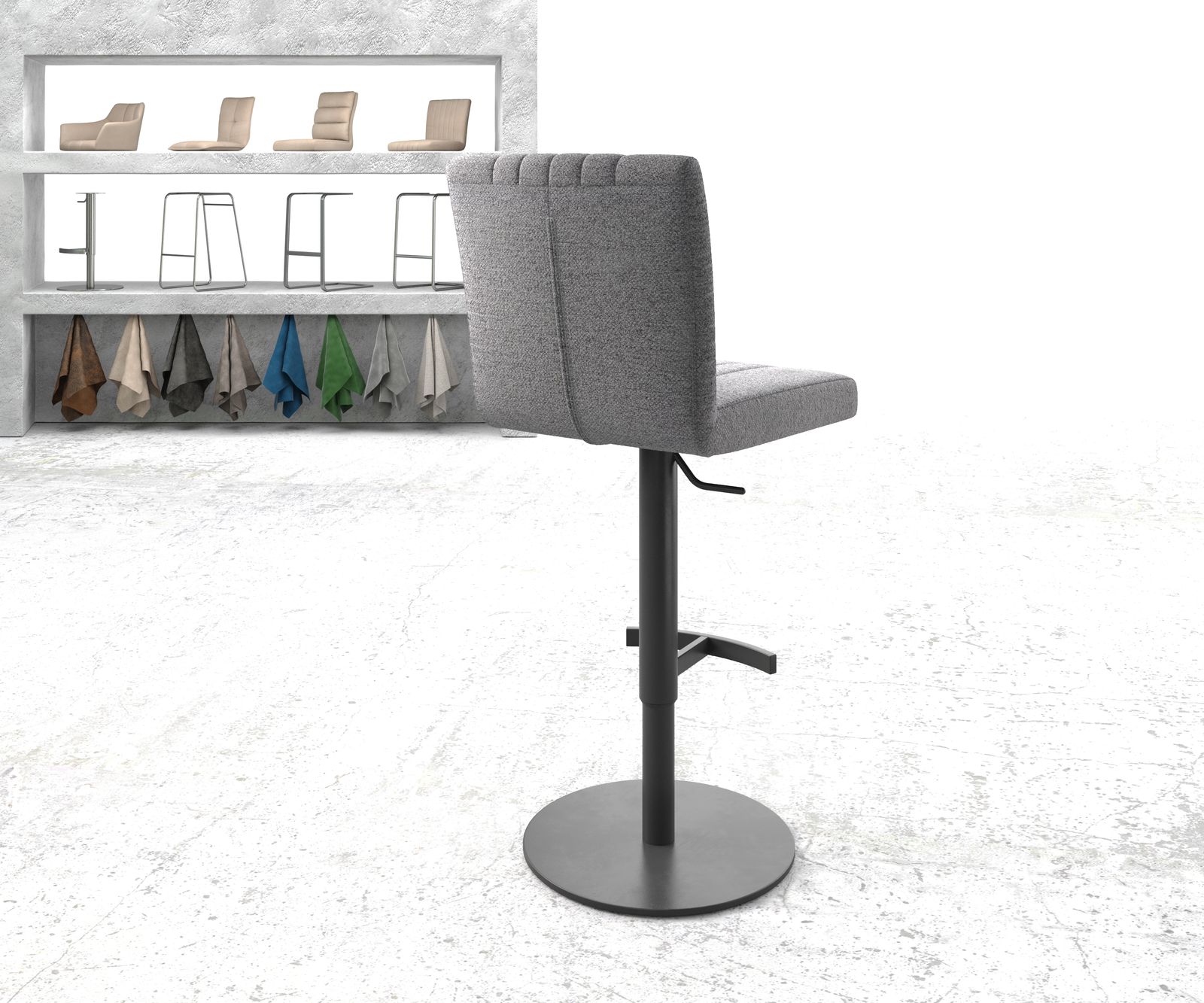 Chaise-de-bar Luiga-Flex tissu texturé gris clair pied pivotant réglable en hauteur métal 2