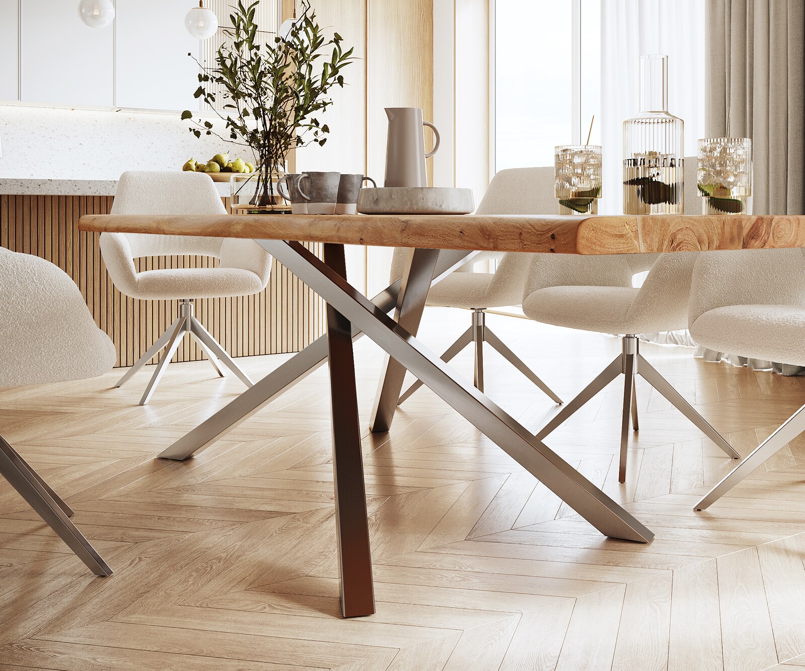 Esstisch Edge 300x100 XL Akazie Natur Kreuzgestell Rechteck Edelstahl Live-Edge 5