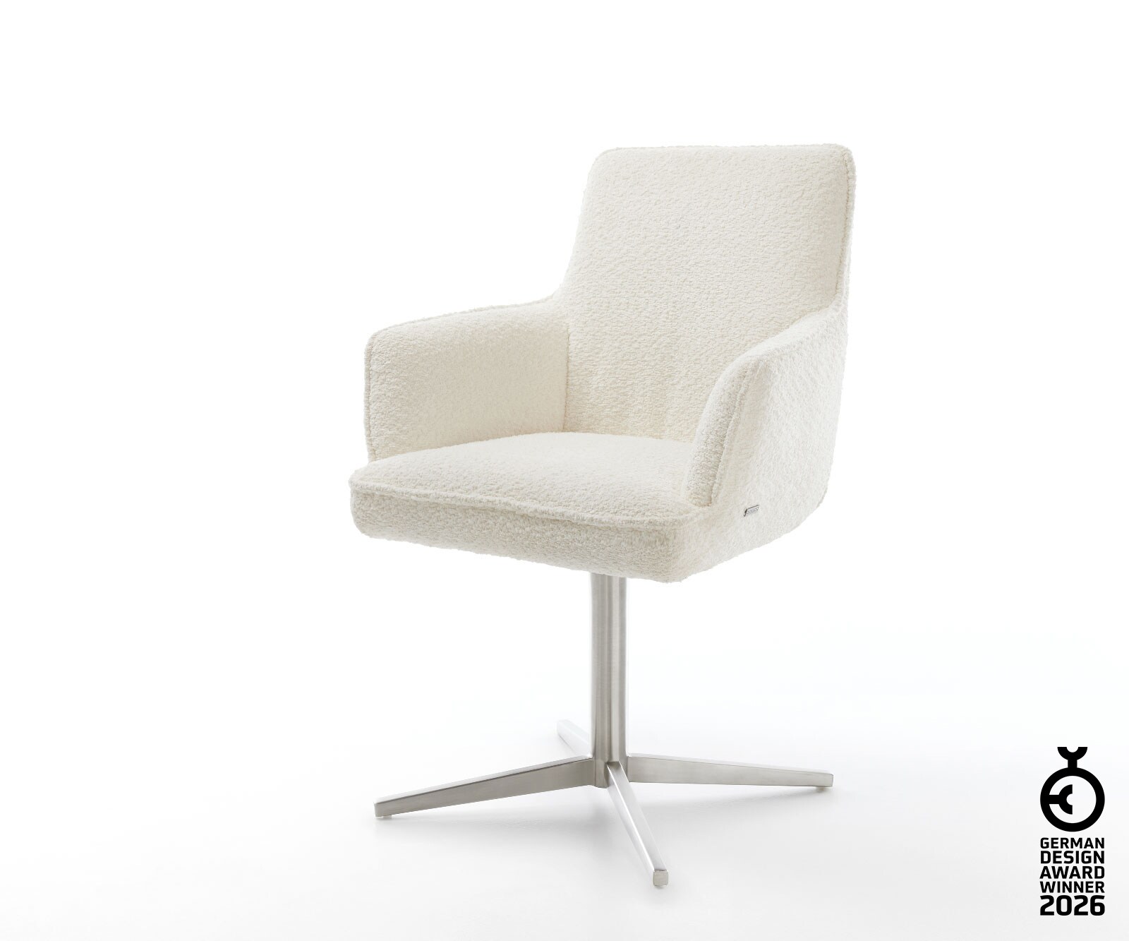 Drehstuhl Heira-Flex mit Armlehnen Bouclé Weiß Fußkreuz Edelstahl 360° drehbar Taschenfederkern
