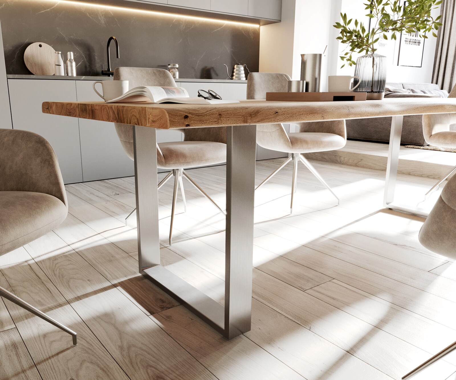 Table-à-manger Edge 260x100 acacia nature acier inoxydable mince Live-Edge 5