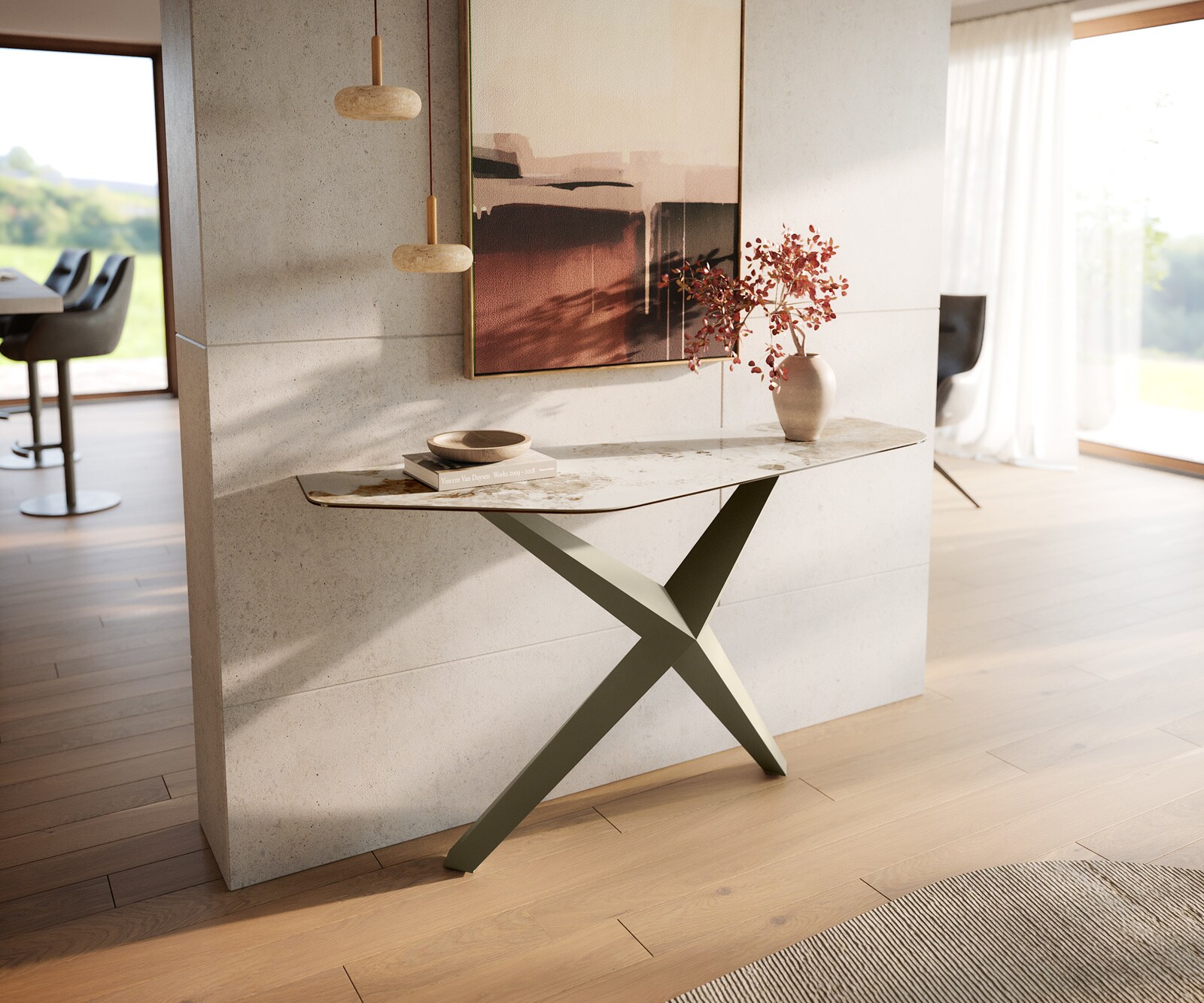 Console Edge Polygonal 140x50 cm Céramique Minas Melange Weiß-Beige Zentharo Métal Effektfinish Titan 4