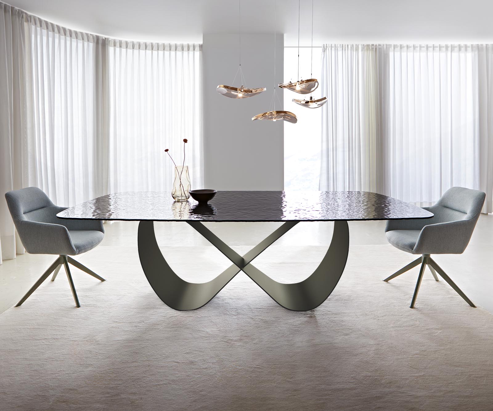 Esstisch Edge Boot 240x120 Reliefglas Rauchschwarz 3D-Design Infinity Metall Effektfinish Titan 1 Esstisch Edge Boot 240x120 Reliefglas Rauchschwarz 3D-Design Infinity Metall Effektfinish Titan 1