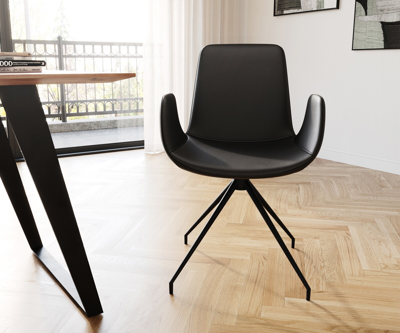 Esszimmerstuhl Ilia-Flex mit Armlehnen Echt-Leder Schwarz Kreuzgestell konisch Schwarz 1 Esszimmerstuhl Ilia-Flex mit Armlehnen Echt-Leder Schwarz Kreuzgestell konisch Schwarz 1