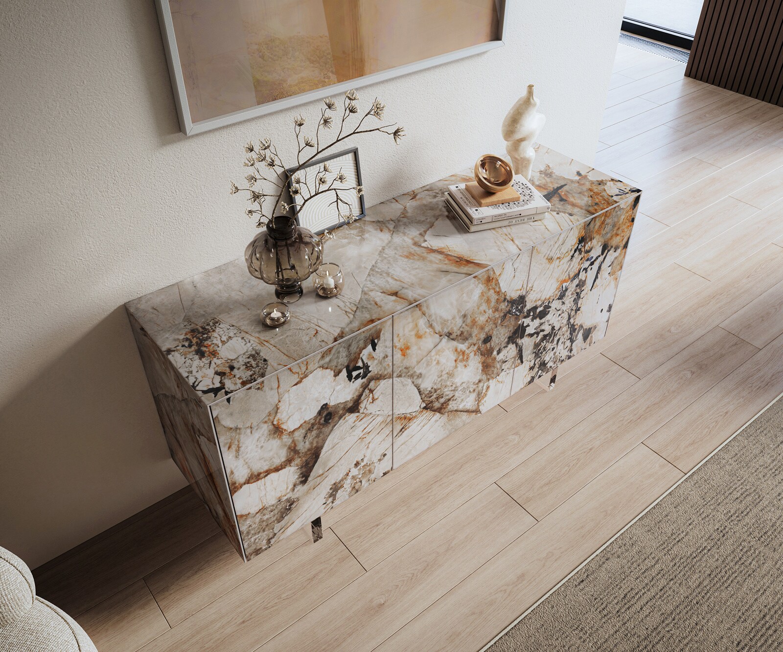 Sideboard Cuor 150 cm Keramik Patagonia Poliert 3 Türen Fuß Schwebeoptik Acrylglas 4