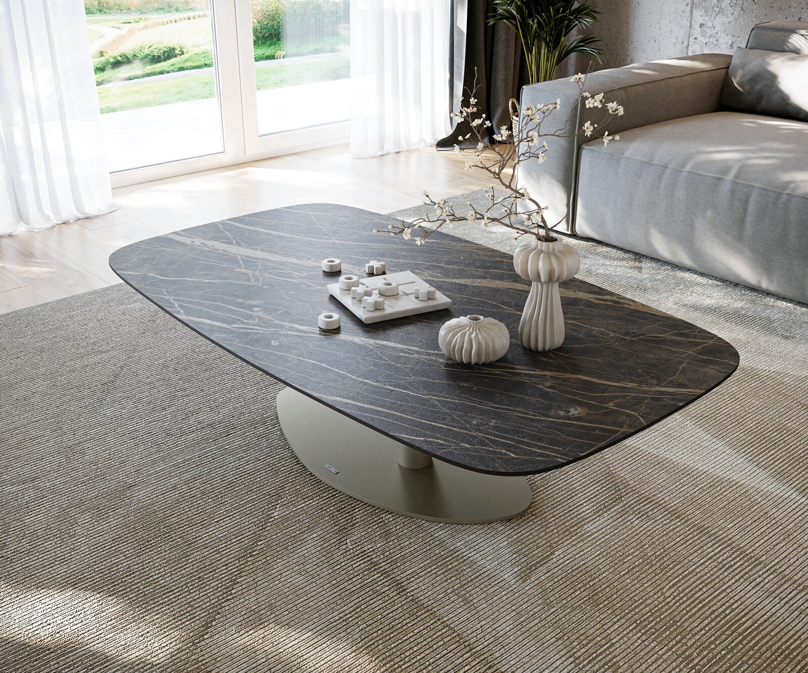 Couchtisch Edge Boot 140x80 cm Keramik Laminam® Noir Desir Braun Vibany Metall Effektfinish Titan 3