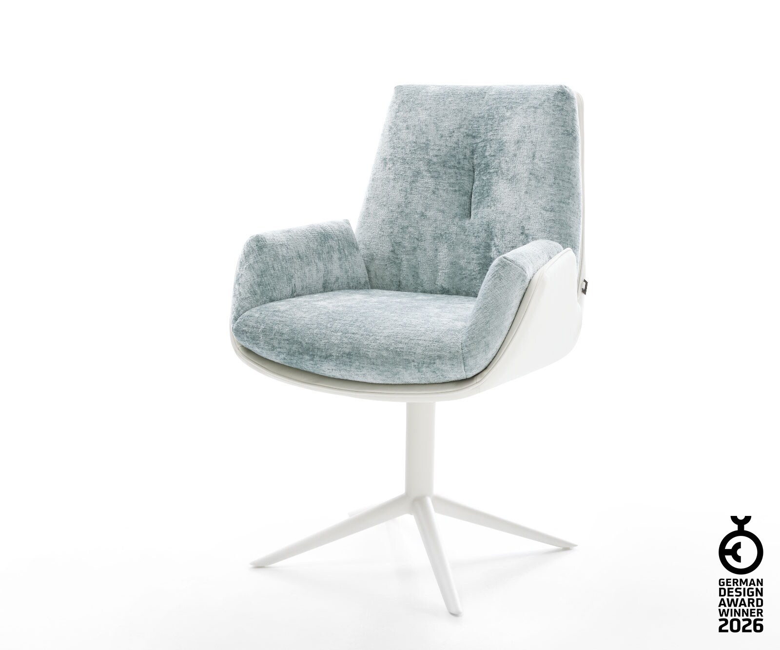 Drehstuhl Clea-Flex Materialmix Echtleder Weiß-Pastellblau Fußkreuz Weiß 360° drehbar Wippfunktion