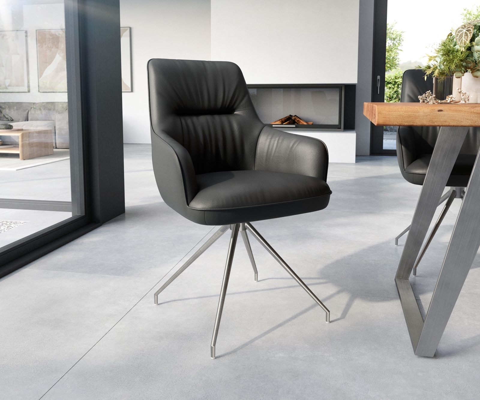 Esszimmerstuhl Zelia-Flex mit Armlehnen Echt-Leder Schwarz Kreuzgestell konisch Edelstahl Taschenfederkern Esszimmerstuhl Zelia-Flex mit Armlehnen Echt-Leder Schwarz Kreuzgestell konisch Edelstahl Taschenfederkern