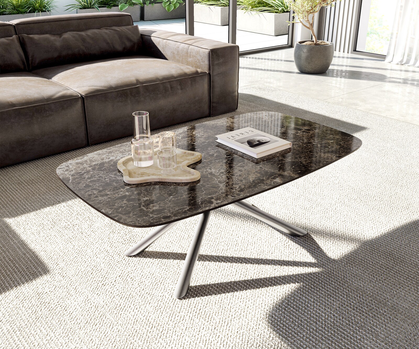 Couchtisch Edge Boot 120x70 cm Keramik Laminam® Emperador Extra Lucidato Dunkelbraun Sarity Edelstahl gebürstet 1