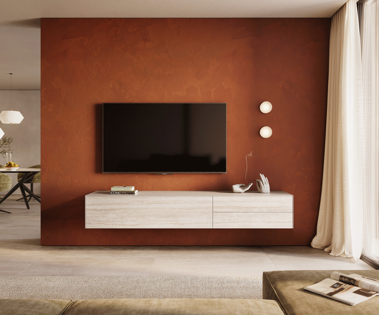 Lowboard Cuor 220 cm Keramik Laminam® Travertino Bianco Creme-Weiß 1 Klappe 2 Schubfächer Schwebend 1