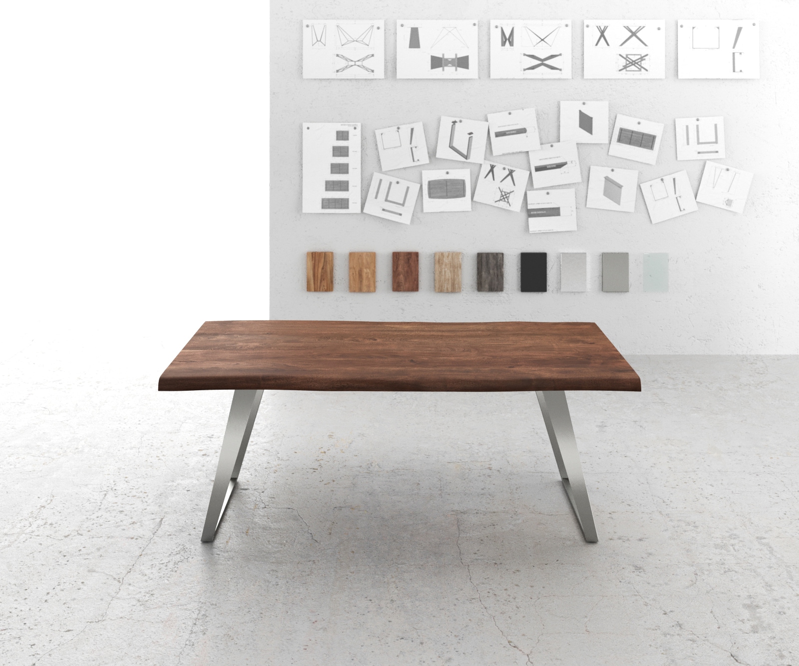 Table-à-manger Edge 200x100 XL acacia marron acier inoxydable incliné Live-Edge 1 Table-à-manger Edge 200x100 XL acacia marron acier inoxydable incliné Live-Edge 1